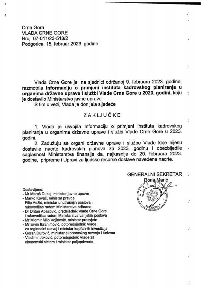 Информација о примјени института кадровског планирања у органима државне управе и Служби Владе Црне Горе у 2023. години - закључци