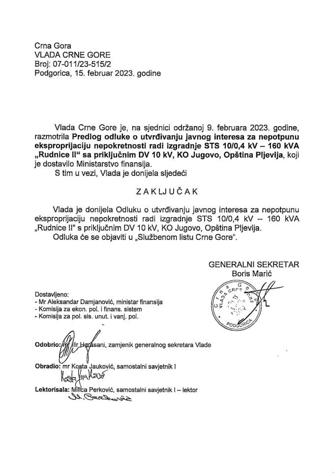 Predlog odluke o utvrđivanju javnog interesa za nepotpunu eksproprijaciju nepokretnosti radi izgradnje STS 10/04 KV - 160 KVA „Rudnice II“ sa priključnim DV 10 KV, KO Jugovo, Opština Pljevlja - zaključci