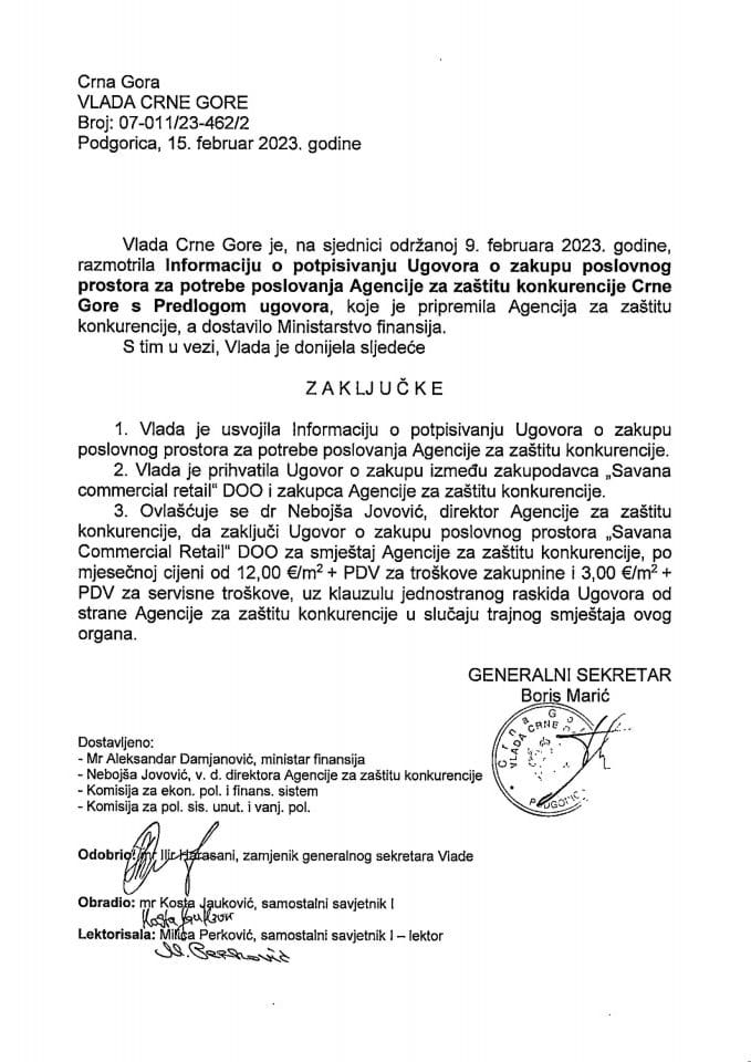 Информација о потписивању Уговора о закупу пословног простора за потребе пословања Агенције за заштиту конкуренције Црне Горе с Предлогом уговора - закључци