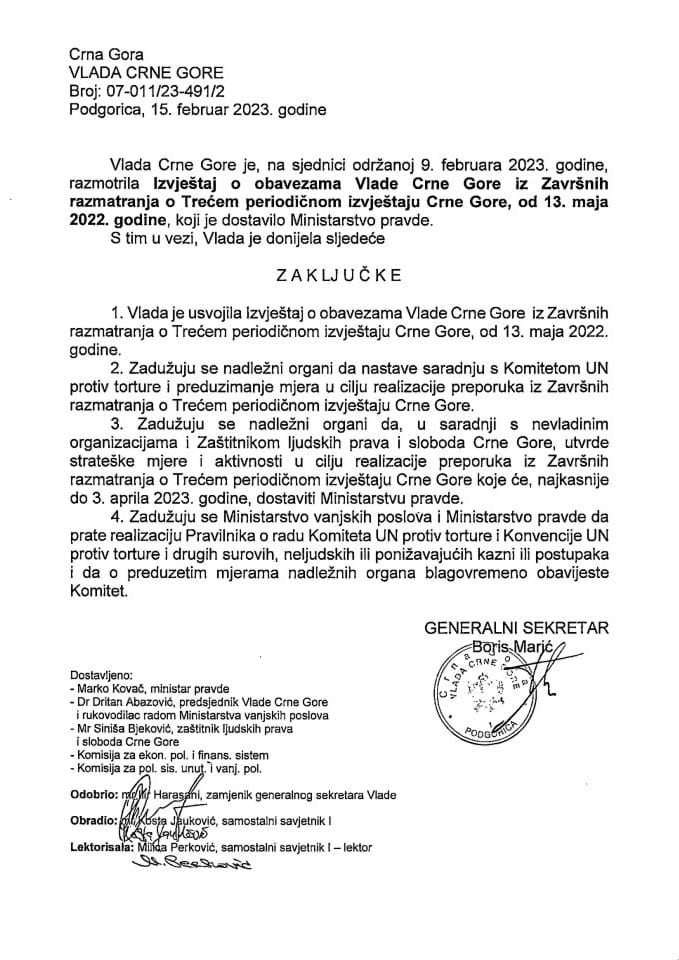 Извјештај о обавезама Владе Црне Горе из Завршних разматрања о Трећем периодичном извјештају Црне Горе од 13. маја 2022. године - закључци