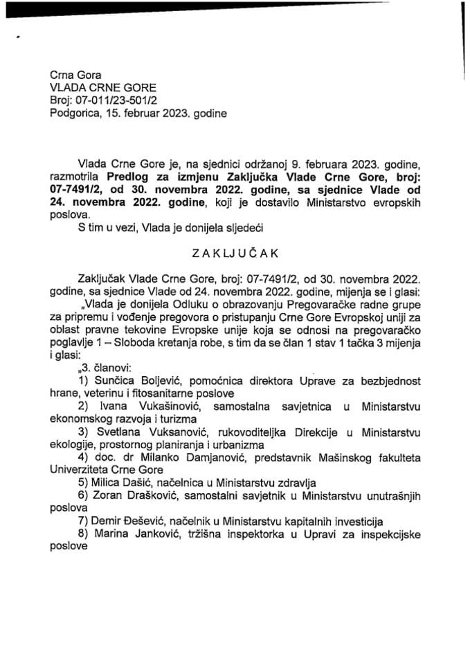 Предлог за измјену Закључка Владе Црне Горе, број: 07-7491/2, од 30. новембра 2022. године, са сједнице од 24. новембра 2022. године - закључци