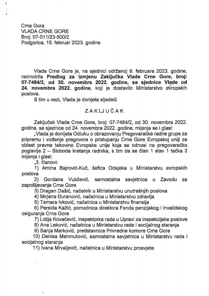 Предлог за измјену Закључка Владе Црне Горе, број: 07-7484/2, од 30. новембра 2022. године са сједнице од 24. новембра 2022. године - закључци
