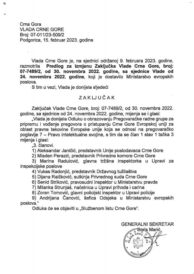 Предлог за измјену Закључка Владе Црне Горе, број: 07-7489/2, од 30. новембра 2022. године, са сједнице од 24. новембра 2022. године - закључци