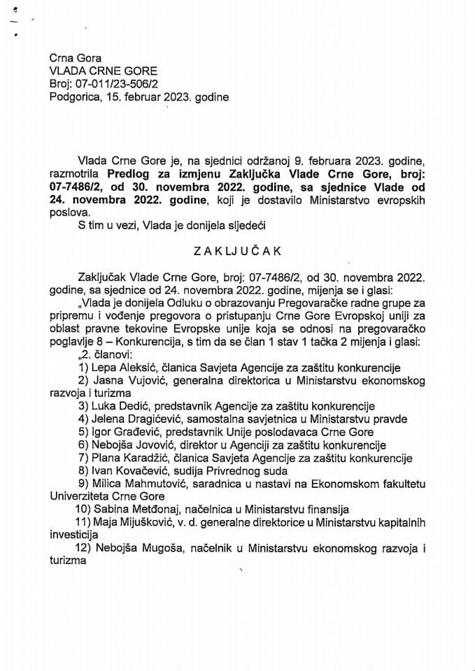 Предлог за измјену Закључка Владе Црне Горе, број: 07-7486/2, од 30. новембра 2022. године, са сједнице од 24. новембра 2022. године - закључци