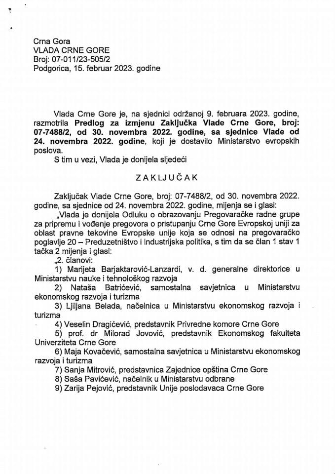 Предлог за измјену Закључка Владе Црне Горе, број: 07-7488/2, од 30. новембра 2022. године, са сједнице од 24. новембра 2022. године - закључци