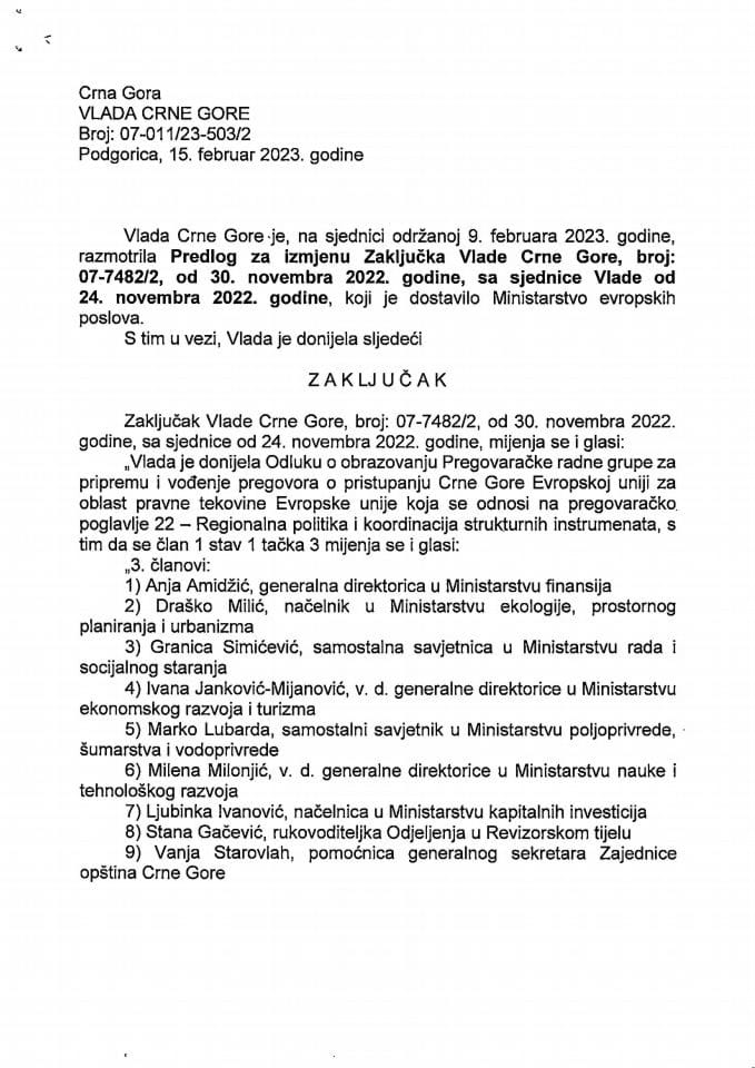 Predlog za izmjenu Zaključka Vlade Crne Gore, broj: 07-7482/2, od 30. novembra 2022. godine, sa sjednice od 24. novembra 2022. godine - zaključci