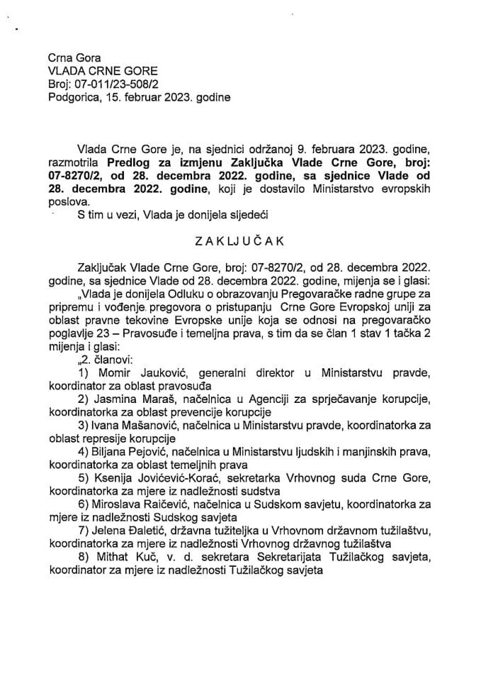 Predlog za izmjenu Zaključka Vlade Crne Gore, broj: 07-8270/2, od 28. decembra 2022. godine, sa sjednice od 28. decembra 2022. godine - zaključci