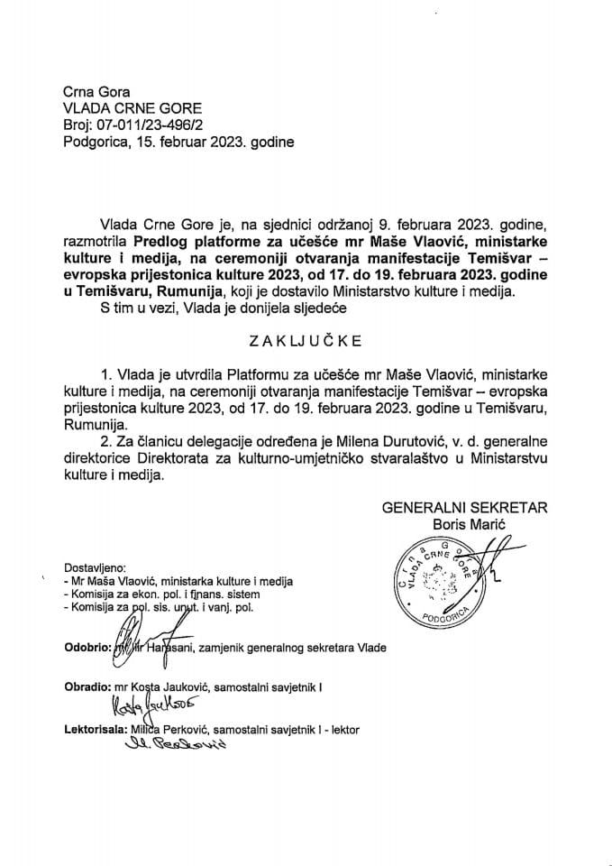 Predlog platforme za učešće mr Maše Vlaović, ministarke kulture i medija, na ceremoniji otvaranja manifestacije Temišvar - Evropska prijestonica kulture 2023, 17-19. februar 2023. godine, Temišvar, Rumunija - zaključci