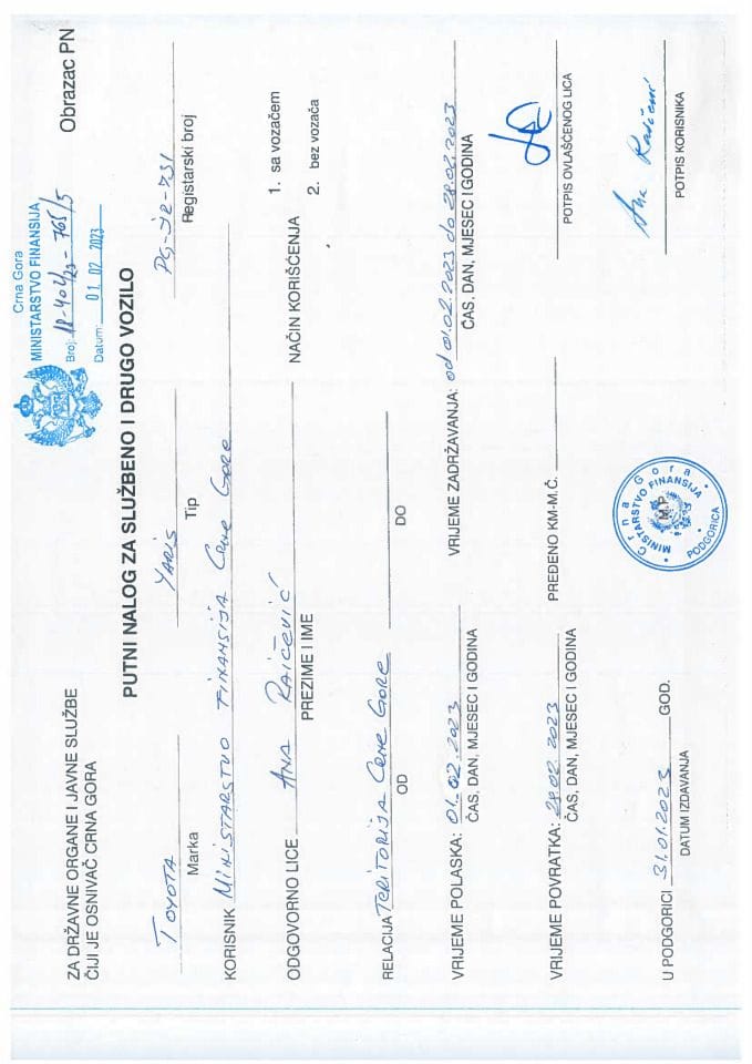 Putni nalozi za kontrolu upotrebe službenih i drugih vozila i potrošnja goriva, PG-JR 731, Ministarstvo finansija, 14.02. - 20.02.2023.