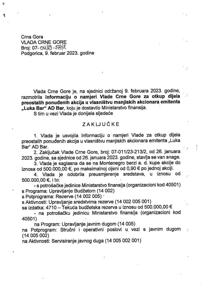 Informacija o namjeri Vlade Crne Gore za otkup dijela preostalih ponuđenih akcija u vlasništvu manjinskih akcionara emitenta "Luka Bar" AD Bar - zaključci