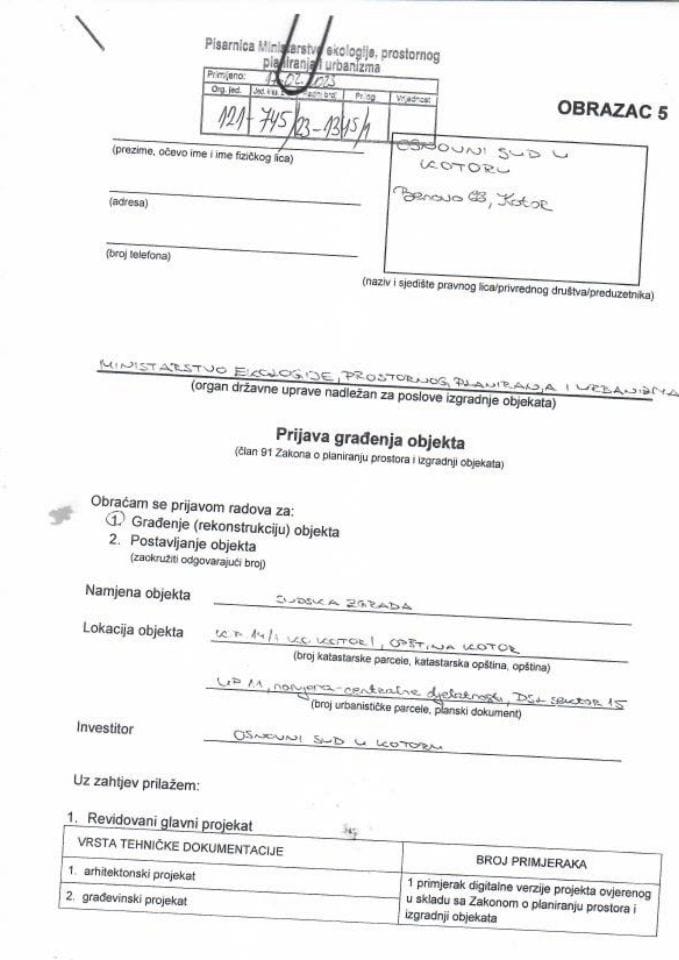 Prijava građenja objekta - 121-745-23-1345-1 OSNOVNI SUD U KOTORU