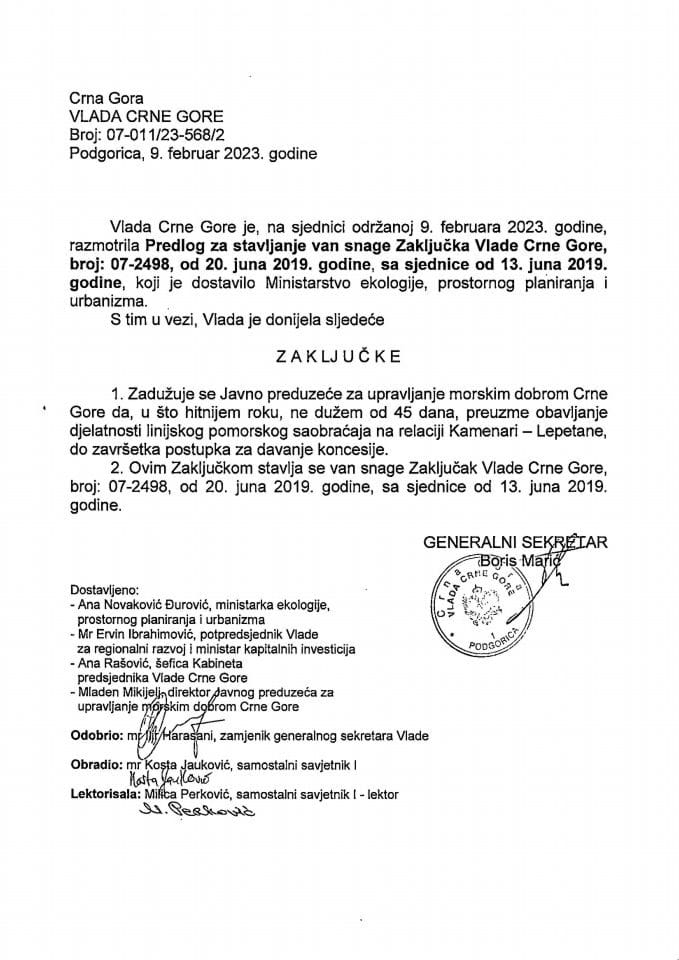 Predlog za stavljanje van snage Zaključka Vlade Crne Gore, broj: 07-2498, od 20. juna 2019. godine, sa sjednice od 13. juna 2019. godine - zaključci