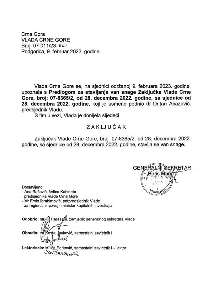 Usmeni predlog za stavljanje van snage Zaključka Vlade Crne Gore, broj: 07-8365/2, od 28. decembra 2022. godine, sa sjednice od 28. decembra 2022. godine - zaključci