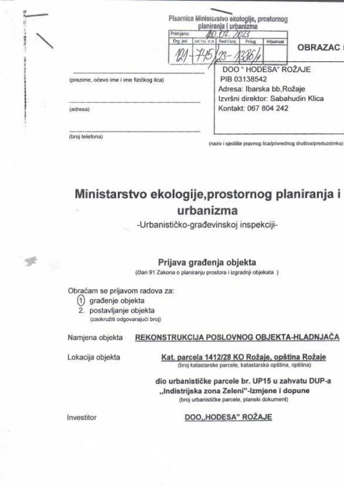 Prijava građenja objekta - 121-745-23-1386-1 DOO HODESA