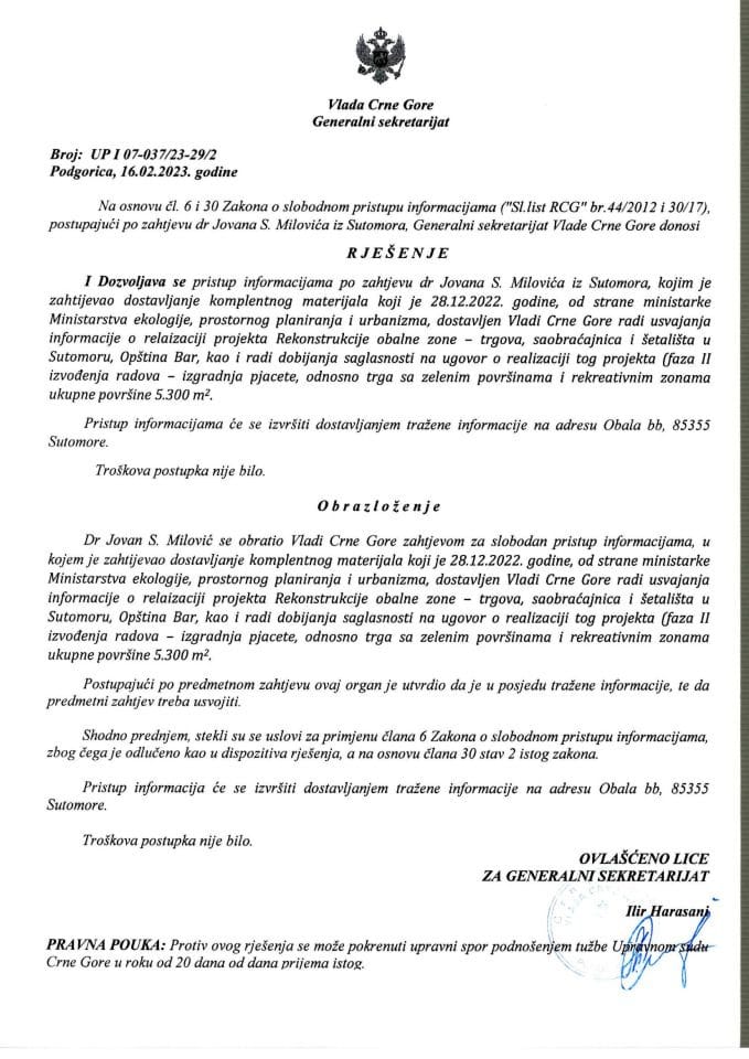 Informacija kojoj je pristup odobren po zahtjevu dr Jovana S. Milovića od 28.12.2022. godine – UP I - 07-037/23-29/2