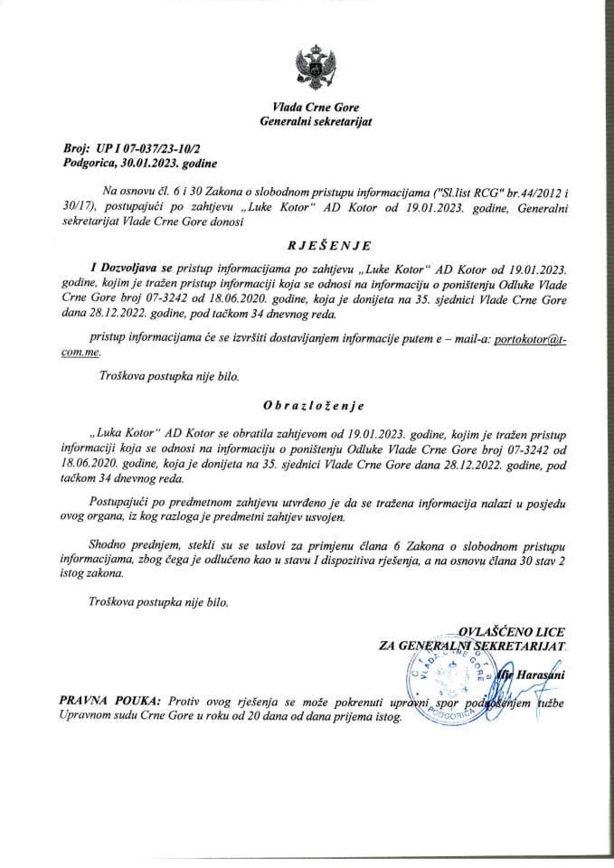 Informacija kojoj je pristup odobren po zahtjevu „Luka Kotor” AD Kotor od 19.01.2023. godine – UP I - 07-037/23-10/2