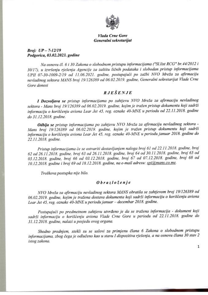 Информација којој је приступ одобрен по захтјеву НВО Мрежа за афирмацију невладиног сектора МАНС од 06.02.2019. године – УП - 7-12/19