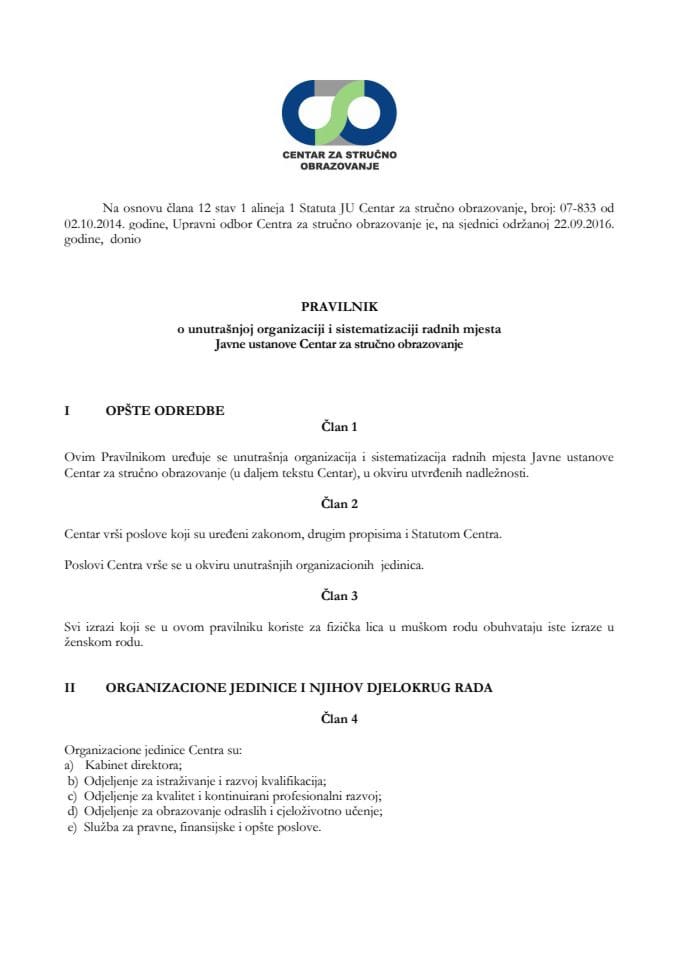 Pravilnik o unutra org i ist radnih mjesta CSO 22.09.2016.