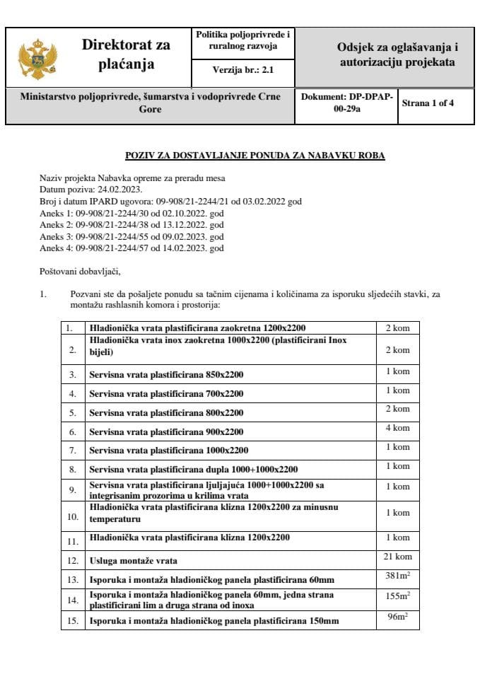 Poziv za dostavljanje ponuda za nabavku robe oprema Komore mne (1)