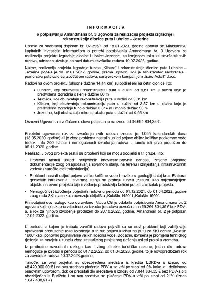 Informacija o potpisivanju Amandmana br. 3 Ugovora za realizaciju projekta izgradnje i rekonstrukcije dionice puta Lubnice – Jezerine s Predlogom amandmana br. 3