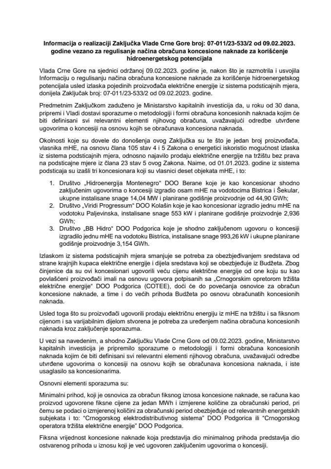 Informacija o realizaciji Zaključka Vlade Crne Gore, broj: 07-011/23-533/2, od 09.02.2023. godine vezano za regulisanje načina obračuna koncesione naknade za korišćenje hidroenergetskog potencijala s predlozima sporazuma