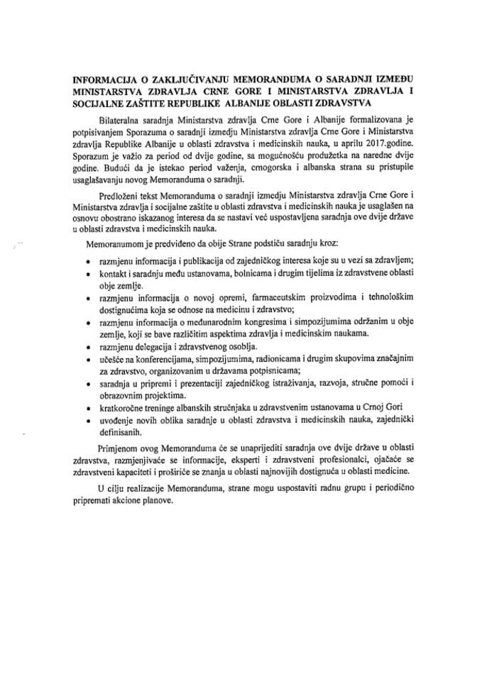 Informacija o zaključivanju Memoranduma o saradnji između Ministarstva zdravlja Crne Gore i Ministarstva zdravlja i socijalne zaštite Republike Albanije u oblasti zdravstva s Predlogom memoranduma
