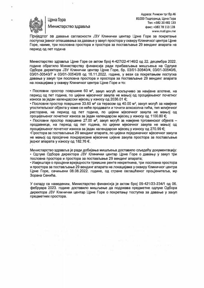 Predlog za davanje saglasnosti JZU Klinički Centar Crne Gore za pokretanje postupka javnog oglašavanja za davanje u zakup prostora u okviru Kliničkog Centra Crne Gore