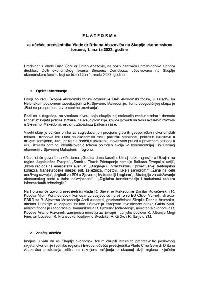 Предлог платформе за учешће предсједника Владе др Дритана Абазовића на Скопље економском форуму, 1. марта 2023. године