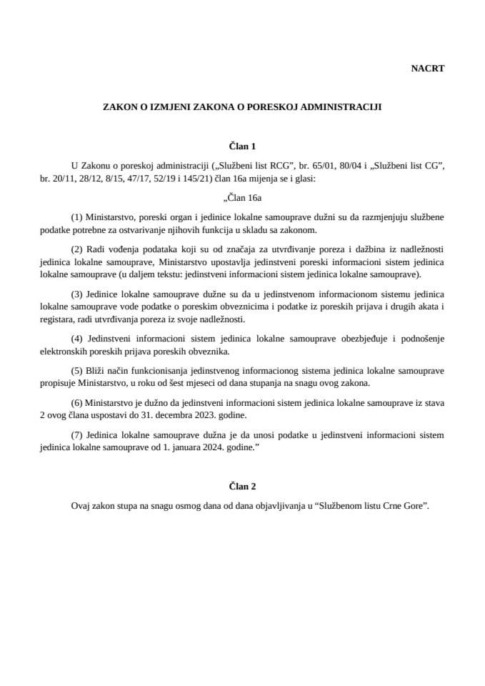 Nacrt zakona o izmjeni Zakona o poreskoj administraciji