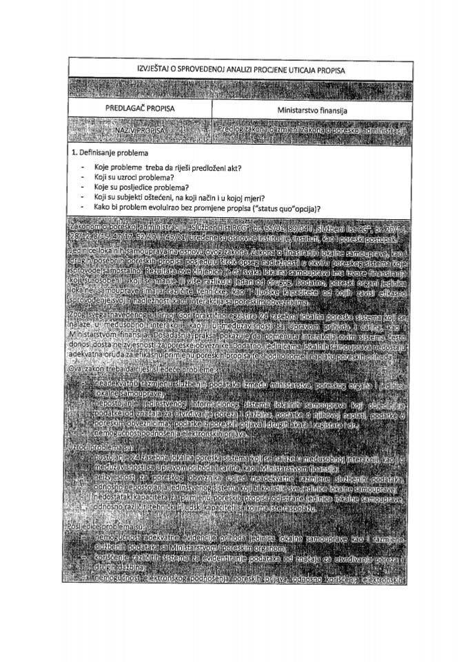 RIA obrazac - Nacrt zakona o izmjeni Zakona o poreskoj administraciji