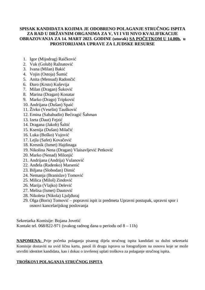 Списак кандидата  14. март 2023. године  ВСС