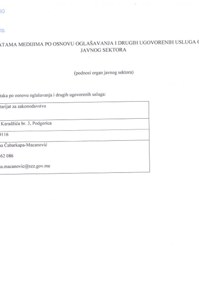 Evidencija o uplatama medijima po osnovu oglašavanja i drugih ugovorenih usluga od strane Sekretarijata za zakonodavstvo za 2022. godinu
