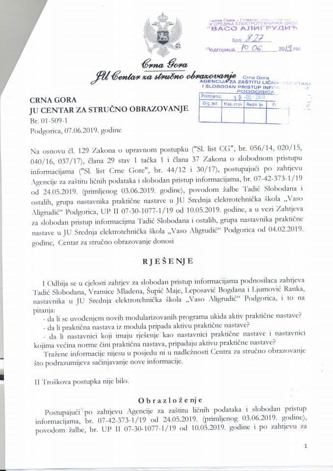 Rješenje o odbijanju zahtjeva za slobodan pristupu informacijama jun. 2019-Srednja stručna škola V. Aligrudić