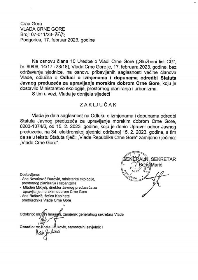 Одлука о измјенама и допунама одредби Статута Јавног предузећа за управљање морским добром Црне Горе - закључци