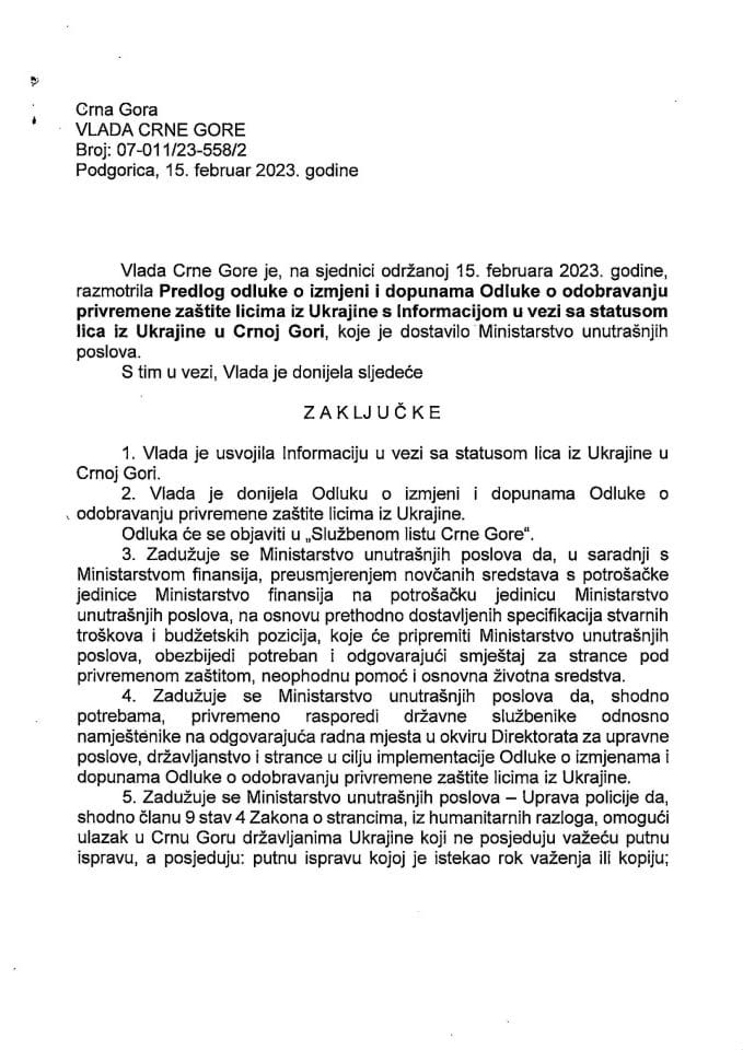 Предлог одлуке о измјени и допунама Одлуке о одобравању привремене заштите лицима из Украјине с Информацијом у вези статуса лица из Украјине у Црној Гори - закључци