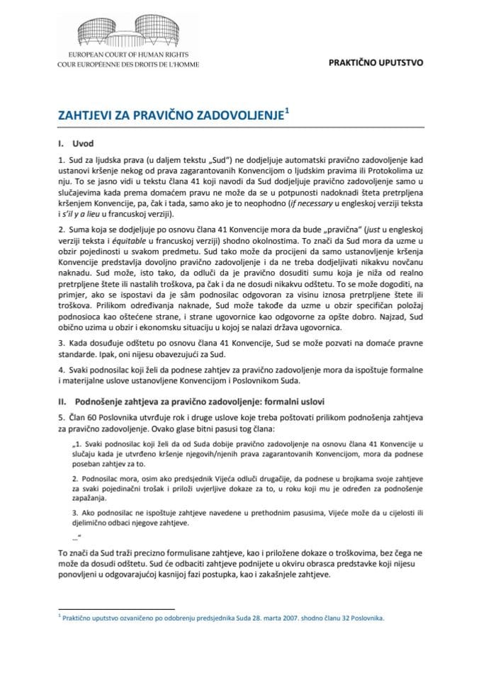 Zahtjev za pravično zadovoljenje Evropskom sudu za ljudska prava (praktično uputstvo)