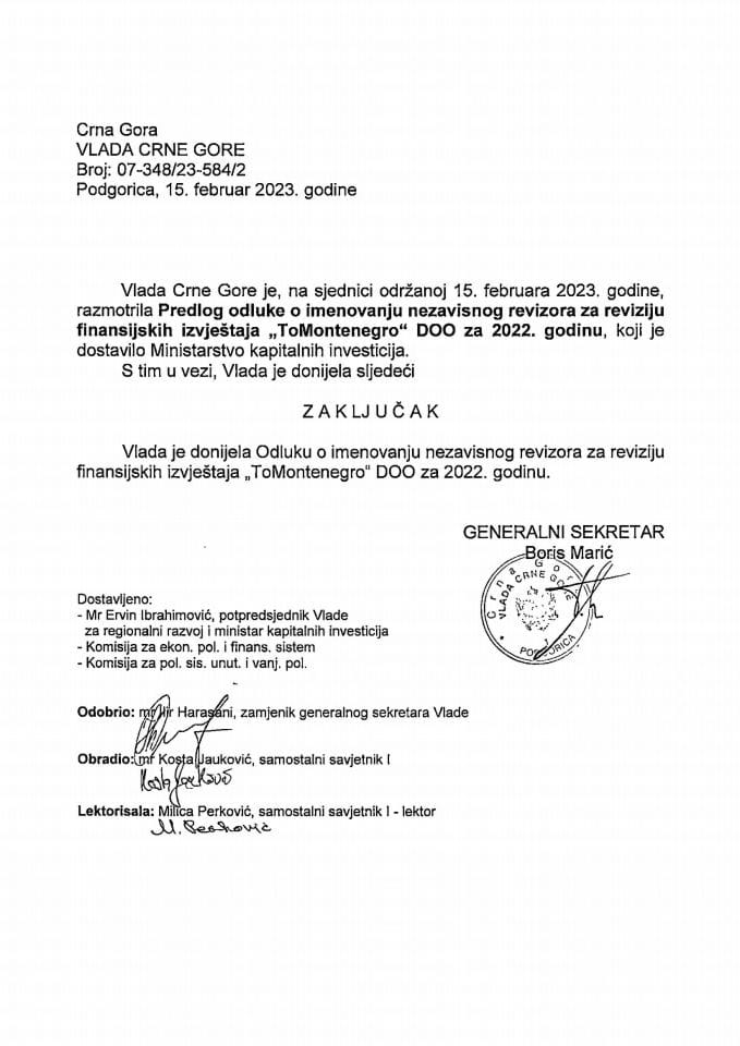 Predlog odluke o imenovanju nezavisnog revizora za reviziju finansijskih izvještaja „ToMontenegro“ DOO za 2022. godinu (bez rasprave) - zaključci