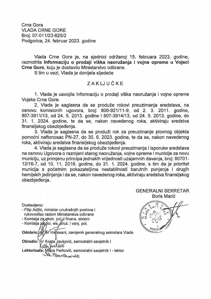 Informacija o prodaji viška naoružanja i vojne opreme u Vojsci Crne Gore (bez rasprave) - zaključci