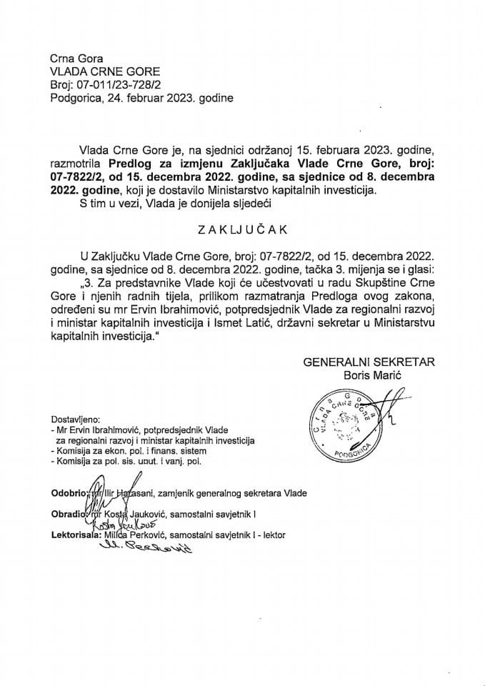 Predlog za izmjenu zaključaka Vlade Crne Gore, broj: 07-7822/2, od 15. decembra 2022. godine, sa sjednice od 8. decembra 2022. godine (bez rasprave) - zaključci