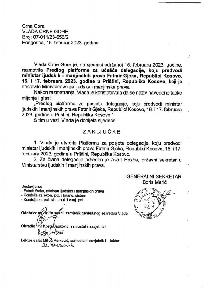 Предлог платформе за посјету делегације коју предводи министар људских и мањинских права Fatmir Gjeka Републици Косово, 16-17. фебруар 2023. године, Приштина, Република Косово - закључци