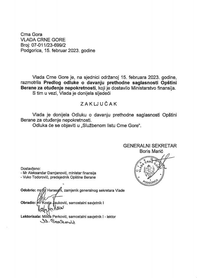 Predlog odluke o davanju prethodne saglasnosti Opštini Berane za otuđenje nepokretnosti - zaključci