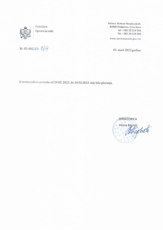 Analitička kartica Uprave za vode za period od 20.02.-26.02.2023.g.