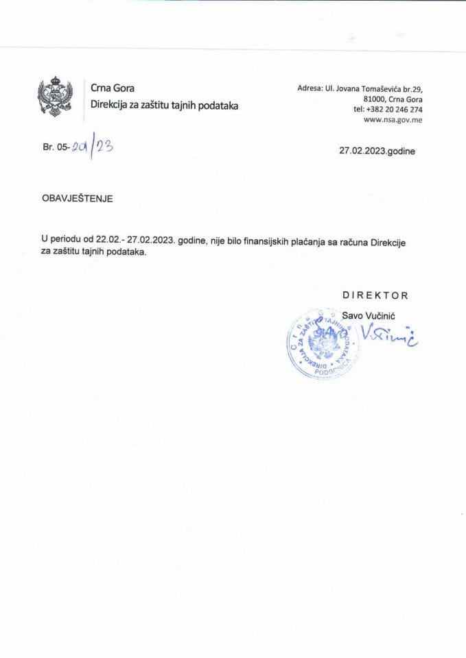 Обавјештење 20.02.2023.-27.02.2023.