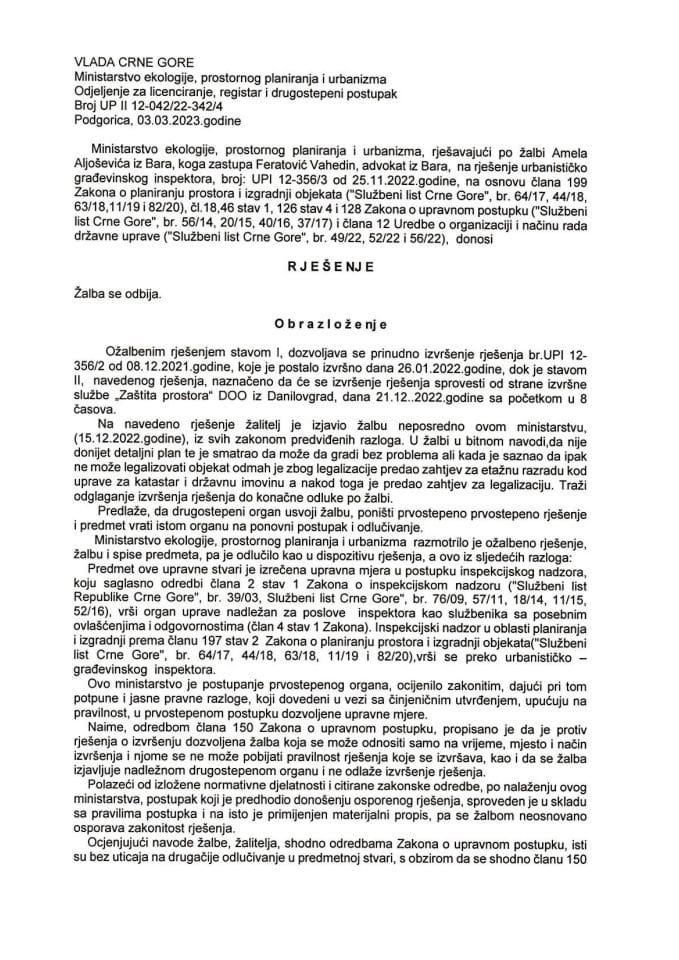 Drugostepeno rješenje - UPII 12-042-22-342-4 Amel Aljošević