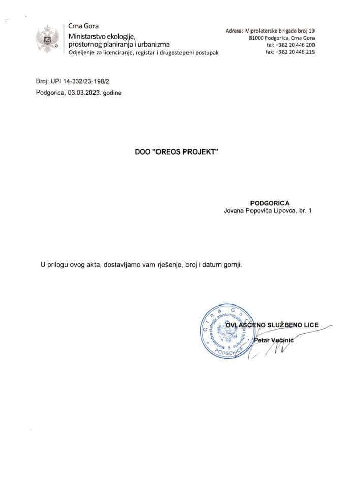 Licenca projektanata i izvođača radova - UPI 14-332-23-198-2 DOO OREOS PROJEKT