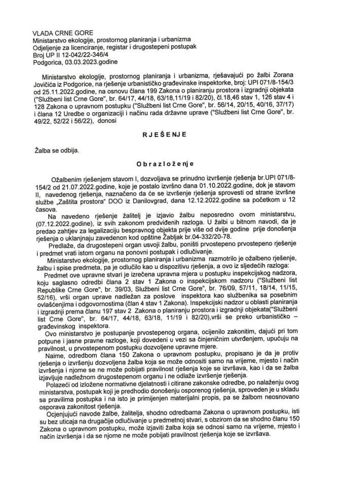 Drugostepeno rješenje - UPII 12-042-22-346-4 ZORAN JOVICIC