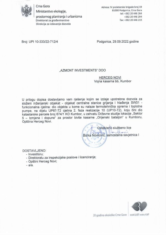 Izdata upotrebna dozvola - UPI 10_333_22_712_4 Azmont Investments DOO