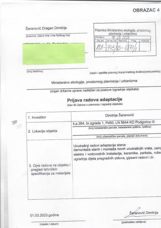 Prijava radova adaptacije - 121-745-23-1871-1 DIMITRIJA ŠARANOVIĆ