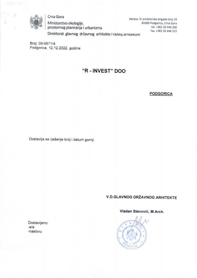 12.12.2022 Rješenje -R Invest Doo Podgorica -Glavni grad Podgorica