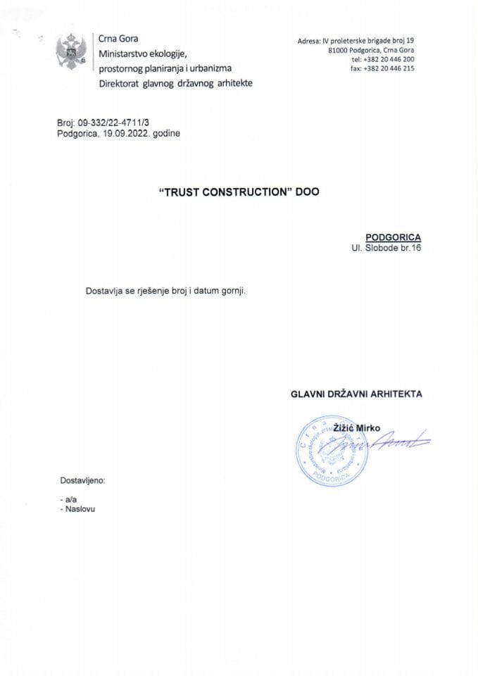 19.09.2022 Rješenje -TRUST CONSTRUCTION Doo Podgorica (UP zona C) -Glavni grad Podgorica